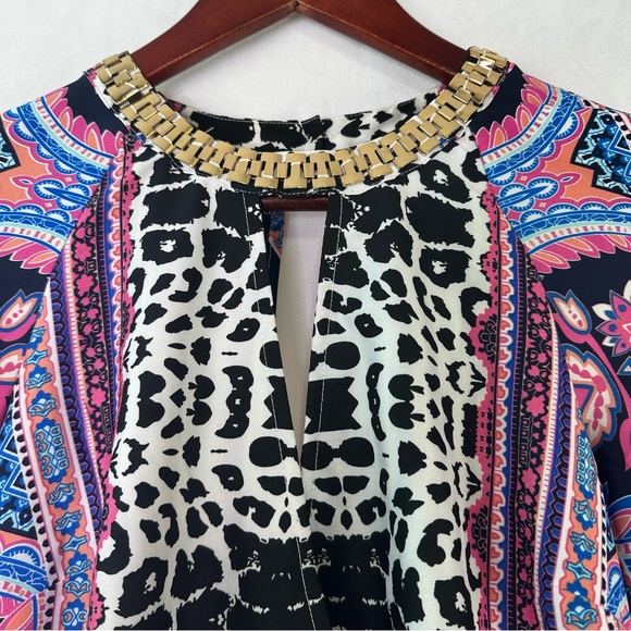Bebe Blouse Formal Necklace Colorful Keyhole Gold Date Evening Printed XS Top - Picture 3 of 9